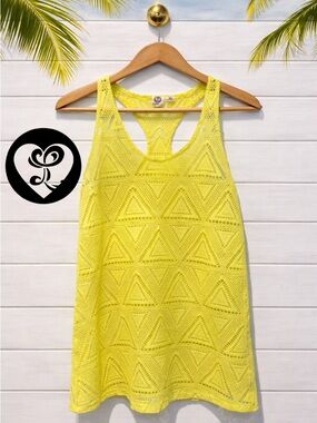 👙🌴🌺 Bright Yellow Crochet Swim Cover Up Lagaci Medium Cutout Beach Tank Boho